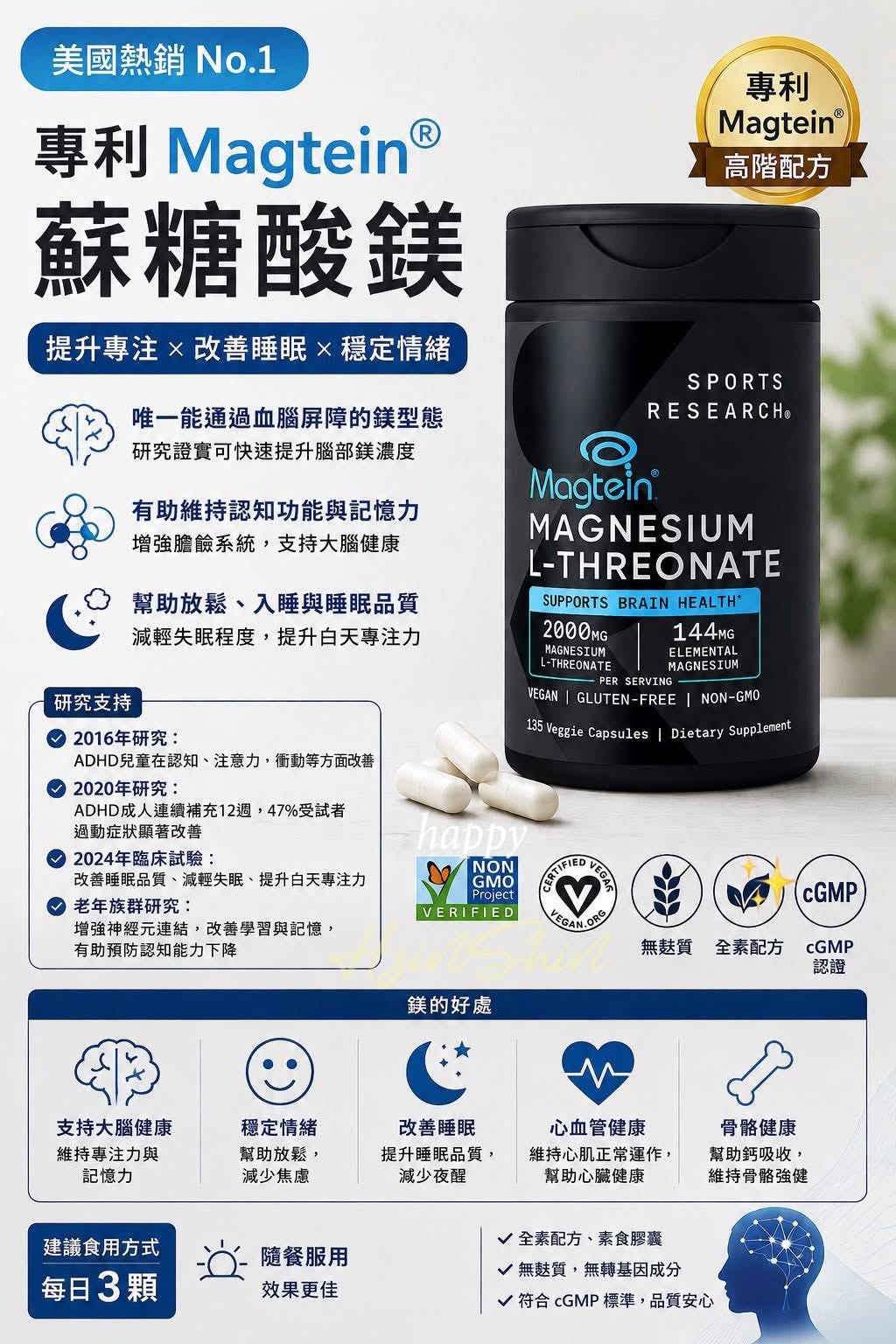 🇺🇸 美國 Sports Research 專利Magtein蘇糖酸鎂 2000mg 135粒